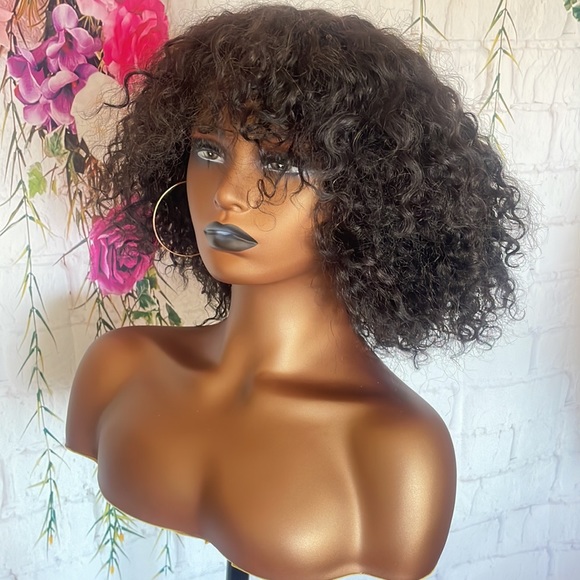 💕 12” HUMAN HAIR SHORT Curly Wig With Bangs FULL CAP WITH BAND & lace top part - Picture 4 of 17